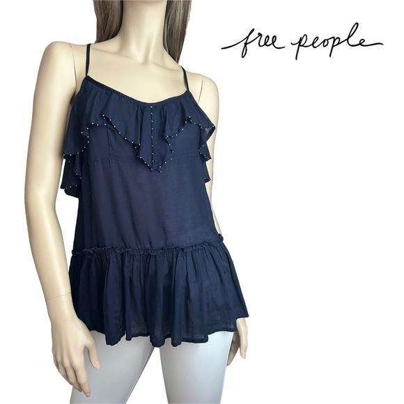 Free People Navy 100% Rayon Peplum Boho Top Tank Shirt Blouse Ruffles Metal XS-S - Picture 1 of 12
